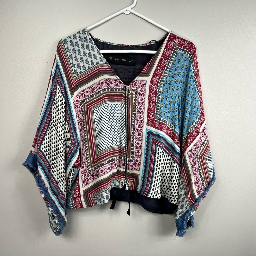 ZARA Basic loose fit bohemian patchwork print zip up blouse top Sz S